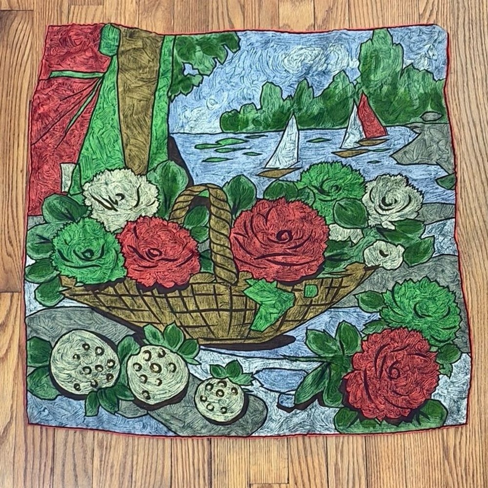 Vintage Impressionist Floral Basket Sailboat Lake Scene Square Scarf Red Green